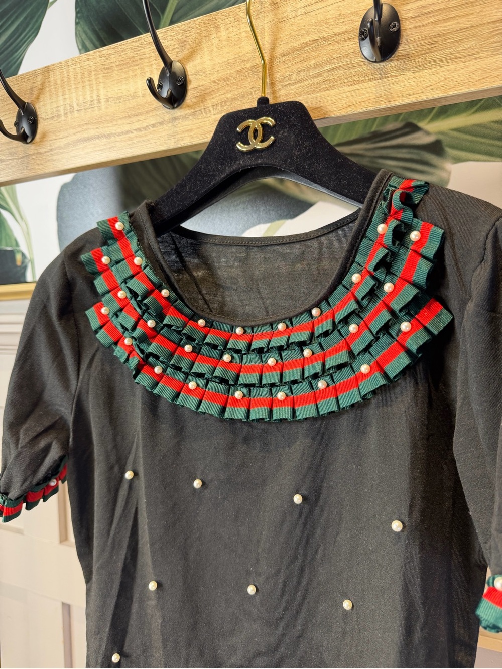 Black Pearl-Embellished Top with Green & Red Trim S - Picture 3 of 7